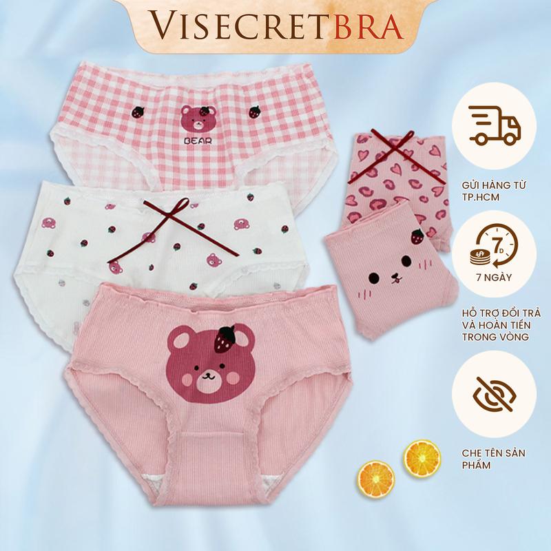 Quần Lót Quần Trong Nữ Gấu Dâu Hồng Chất Cotton Viền Bèo Đáng Yêu Ôm Hông - VN250703K