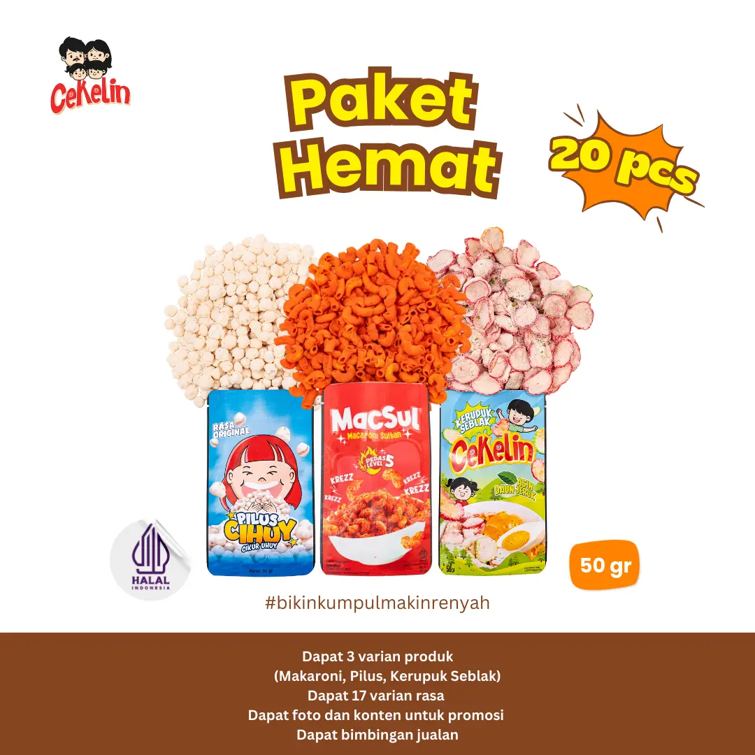CEKELIN Cemilan Paket Hemat 20pcs - Makaroni Pilus Cikur Kerupuk Seblak - Isi 3 Varian Produk Snack Makanan