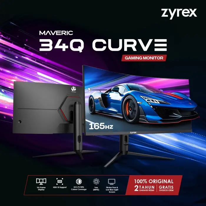 Zyrex Maveric 34Q monitor 34 inch WQHD 1440p HDR 400 VA 165 Hz RGB LED Flat G-SYNC Compatible Freesync Flicker Free Blue Light Filter Garansi Resmi 2 Tahun