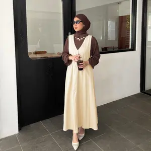 Yeppuoutfit Jiyeon Overall Long Dress - Outer Jumpsuit Basic Long Dress Muslim Berbahan Linen Twill V Line Tanpa Lengan Casual Nyaman Panjang Polos Kondangan Style Pantai Gamis Lebaran Bumil