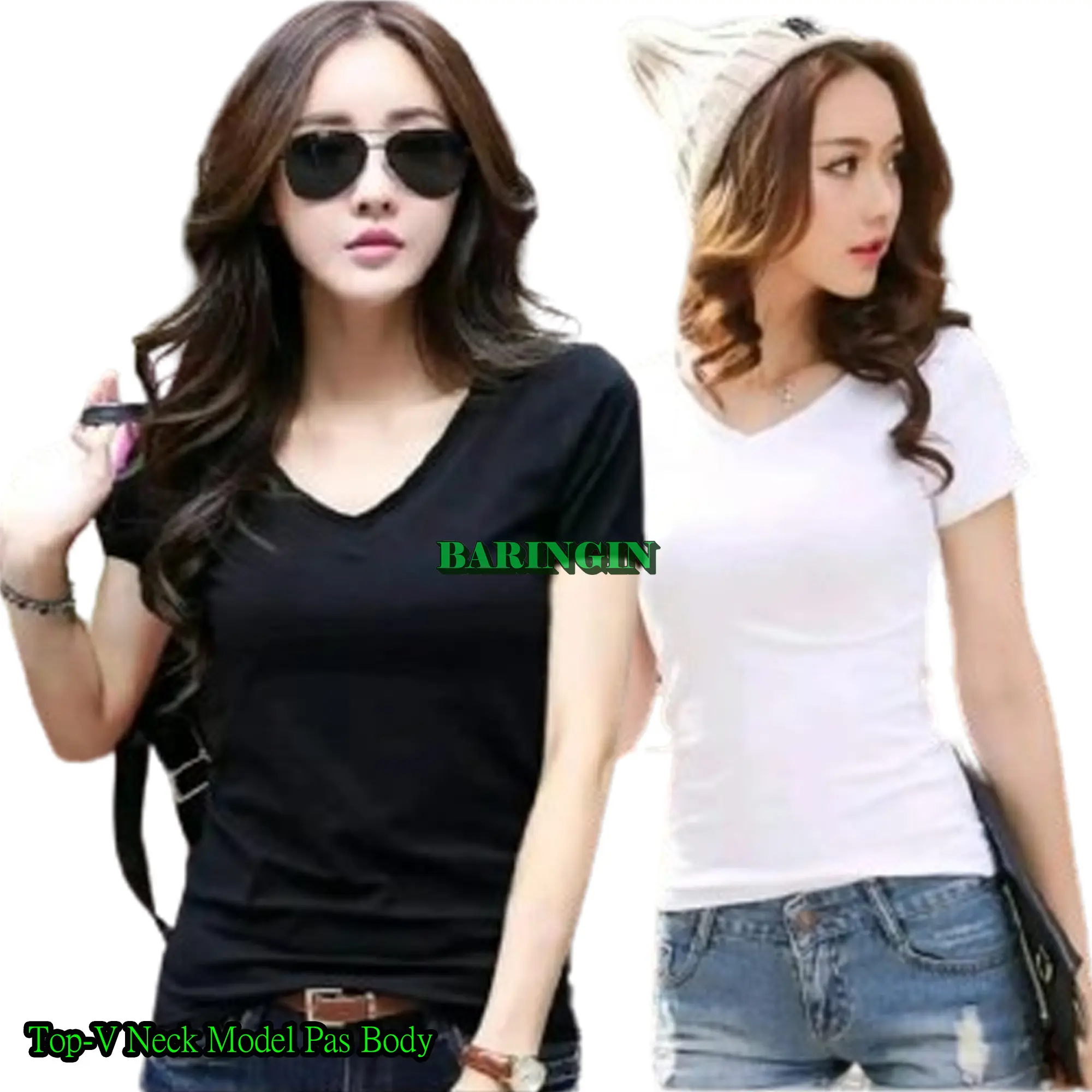 Tshirt Polos Dalaman Wanita Lengan Pendek-Baju Manset Wanita Lengan Pendek Leher-V Bahan Kaos Nyaman BAHAN KAOS Kerah Panjang Tangan Hitam Oblong Atasan