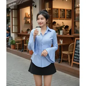 PRODUK LOKAL - Juliet Shirt Kemeja Salur Stripe Slim Baju Grey