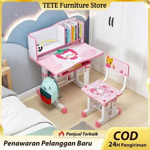 TETE-4Meja Belajar Anak Set Kursi, Meja Tulis Rumah untuk Siswa SD, Dapat Disesuaikan Tinggi, Meja Kerja Anak untuk Koreksi Postur Duduk  【UP】Merah muda-80CM（Meja+Kursi ）Keamanan tanpa racun  Furniture - Children's Furniture - Furniture Sets