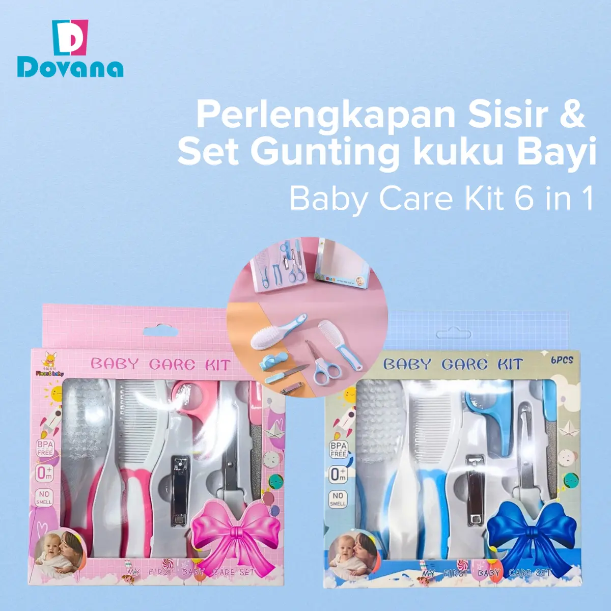 DOVANA Perlengkapan Sisir dan Set Gunting Kuku Bayi 6 in 1 Baby Care Kit Nail Set Gift Set Biru Pink  Sikat  Brush