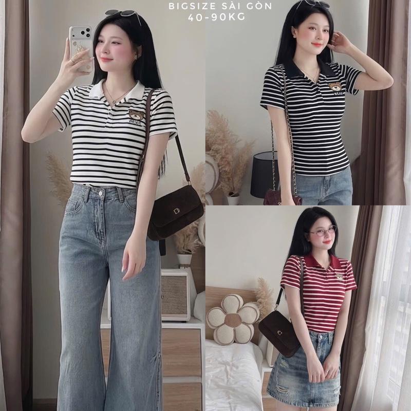 Bigsize Sài Gòn Áo Thun Nữ Cổ Polo Vải Borit Sọc Thêu Gấu Cao Cấp Thanh Lịch Bigsize 45–90kg Dễ Thương Nữ Women Top Nhung - B.1692