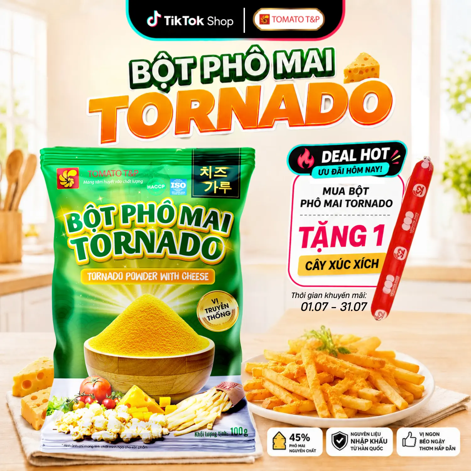 Bột Phô Mai Tornado Tomato T&P - Bột Phô Mai Hàn Quốc Lắc Khoai, Lắc Gà Rán, Bắp Rang - Gói 100g