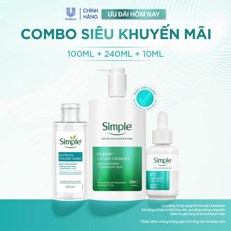 Combo 3 Skincare Simple Sữa rửa mặt Simple Repair+ 240ml Giảm Mụn Sau 7 Ngày + Nước tẩy trang 100ml + Serum Kiềm Dầu Giảm Mụn 10ml