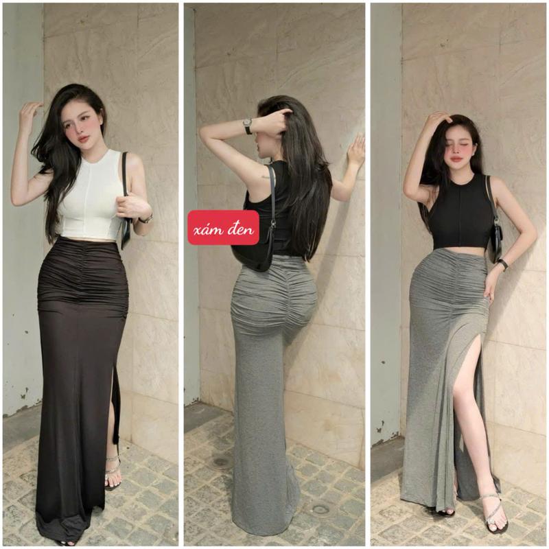 SM - Set áo ba lổ croptop kèm chân váy dài xẻ tà nhún hông tôn dáng - GL07 chât thun gân lạnh, Set bộ, set bộ nữ, set xinh, set chân váy