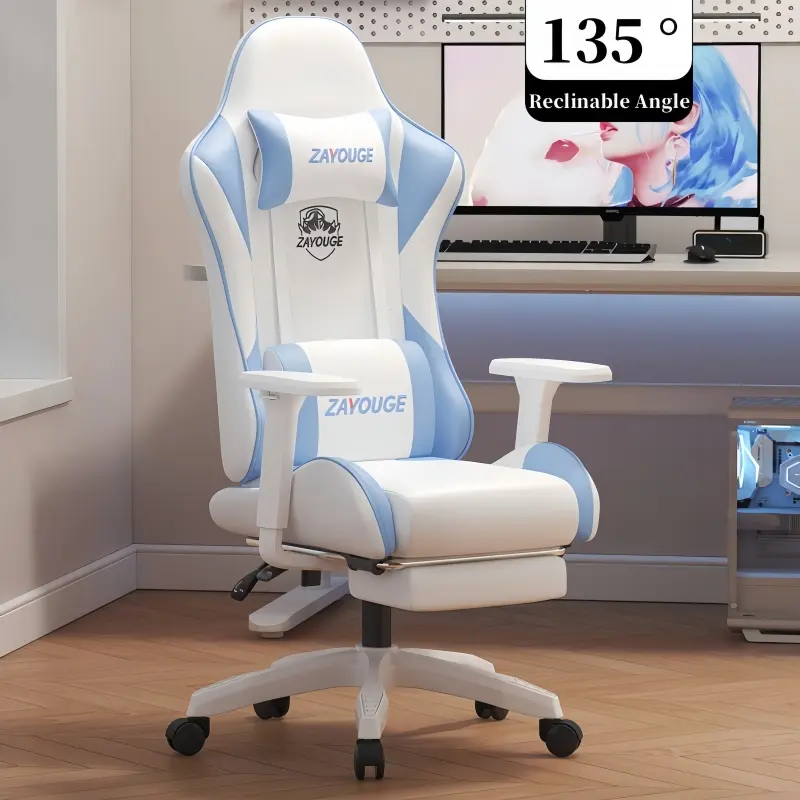 Yugui White Blue Gaming Chair with Footrest, Ergonomic Lumbar Support, Height Adjustable, Leather & Foam Construction