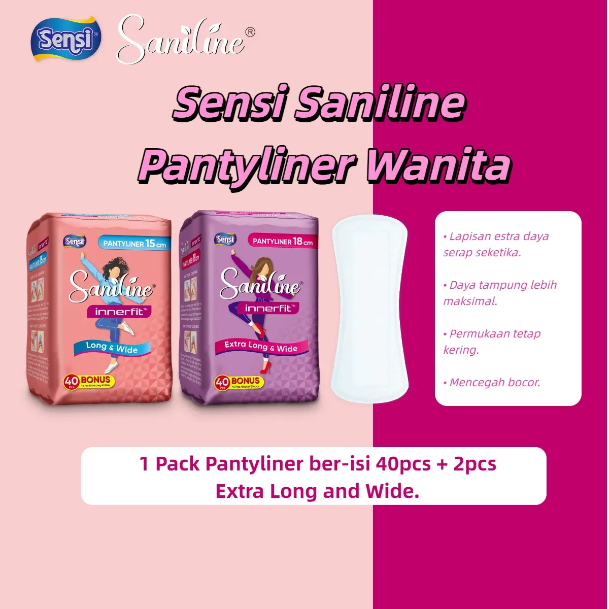 Sensi Saniline Pantyliner Wanita | Pantyliner Umroh– Daya Serap Tinggi, Anti Bocor, Lembut & Nyaman, 40+2 Pads – Free Ongkir Seluruh Indonesia
