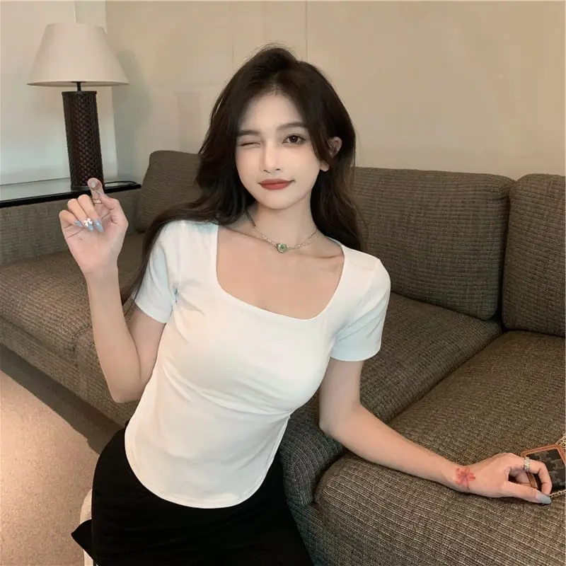 Crop Top Square Neck Short Sleeve Oval  - Kaos Lengan Pendek Wanita Spandek Rayon Premium 6025 Santai Spandex Melar Atasan Fit Variasi Panjang