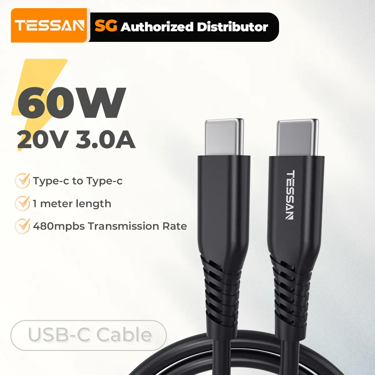 Tessan USB Type-C to Type-C 60W Super Fast Charging Cable 3A 20V Data Wire Charging Cable