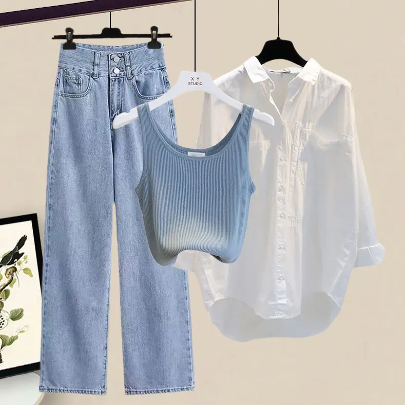 Summer set for women 2023, new large women's clothing, Western style sun protection shirt, small suspender, slimming jeans, three piece set