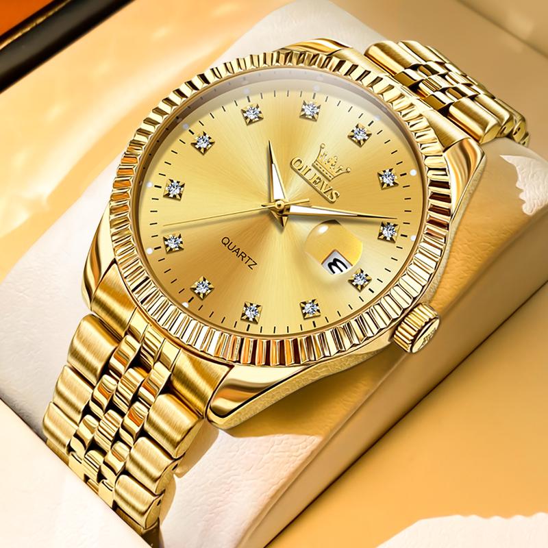 Đồng Hồ OLEVS Chính Hãng Dành Cho Nam Giới, Thạch Anh Analog Vàng Sang Trọng, Không Thấm Nước, Dạ Quang, Có Lịch Ngày Và Váy Thường Ngày, Đồng Hồ Đeo Tay Bằng Thép Không Gỉ, Thích Hợp Làm Quà Tặng Nam