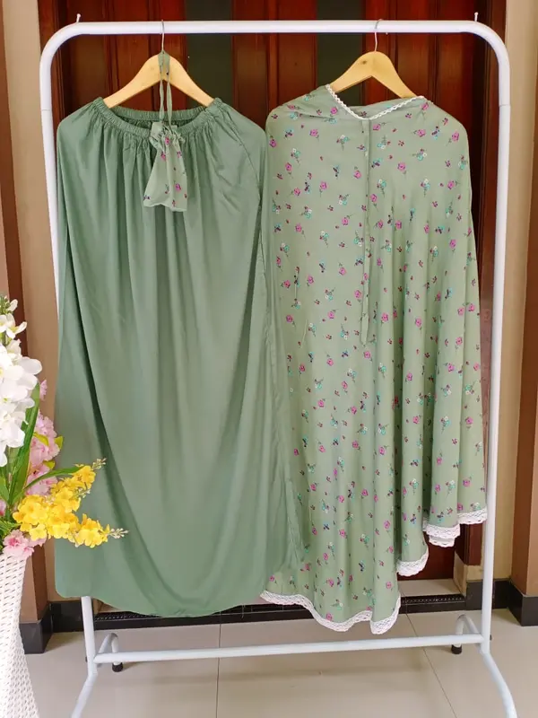 Mukena Dewasa Motif Dasar Warna Sage Katun Rayon Premium Tebal Dingin Traveling Free Tas Cantik Mukenah Muslim Wanita 3