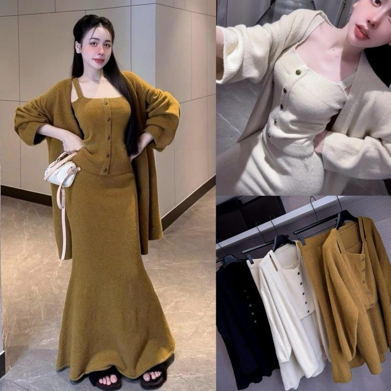 QA Chính Phẩm Live Sao Gửi Vậy Set Len Ba Món Gồm Áo 2s Len Phối Khuy Mix Chân Váy Dáng Dài Kèm Khoác Ngoài Ấm Áp Slay Nữ Tính Dịp Thu Đông By DiepGZ111125