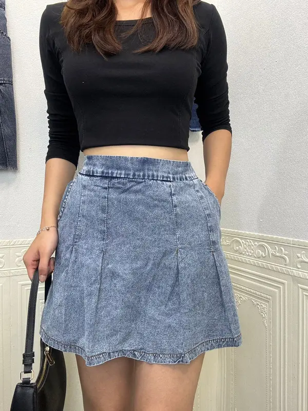 RCP-Rok celana pleated depan Rok belakang celana pinggang karet Santai Wanita Denim Jeans Biru Dewasa Nyaman Standar 8
