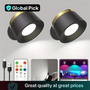 USB Rechargeable Smart LED Wall Light, 1/2 Counts RGB Night Light with Remote Control, 360° Rotatable Spotlight for Bedroom, Bedside, Display Wall, Cabinet, Hallway, Game Room