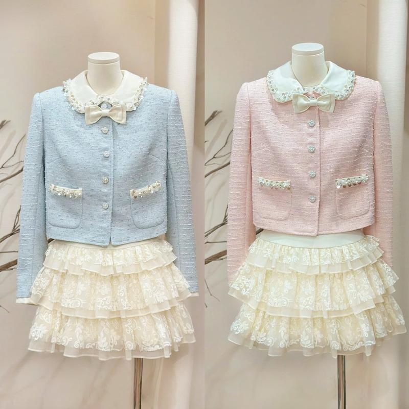   Kiều Linh -Set Váy Dự Tiệc Thiết Kế Áo Rời KL815 chất liệu Dạ Tweed Cúc Ngọc Trai Viền Cổ Túi Kím Sa Chân Váy Xinh Ren Tơ 3 Tầng 2 Lơp Lót Giấu Đường May Kĩ 