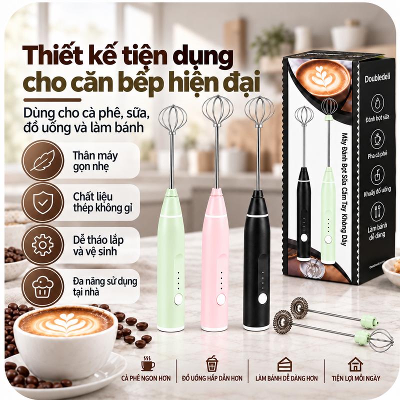 Máy Đánh Trứng Cầm Tay Không Dây, Máy Tạo Bọt Sữa Mini Sạc USB, 3 Tốc Độ, Điều Khiển Một Nút, Kèm Đầu Đánh Trứng Và Đầu Tạo Bọt, Màu Hồng, Xanh Mint, Đen