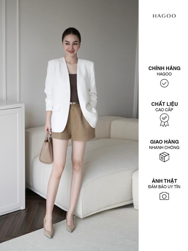 HAGOO Áo Blazer không ve dài tay dáng dài 4 màu ĐEN/ TRẮNG/ ĐỎ / NÂU thiết kế công sở có đệm vai [B459] Women Top Jacket Áo Khoác