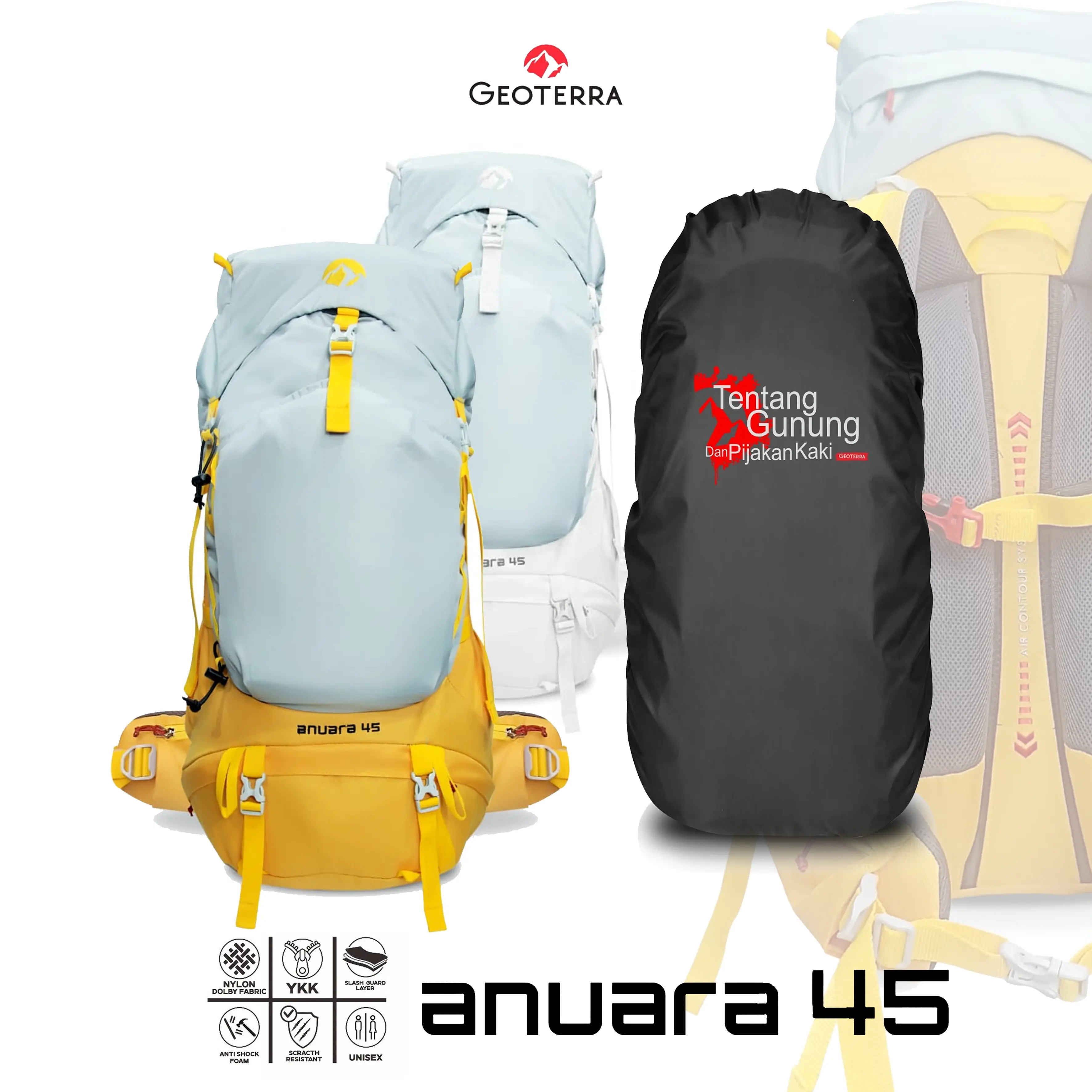 GEOTERRA ANUARA SERIES CARRIER 45L+5L Tas Gunung ANUARA Kapasitas 45L+5L Bahan Nylon Dolly Lapisan Torin Zipper YKK Cocok untuk Outdoor