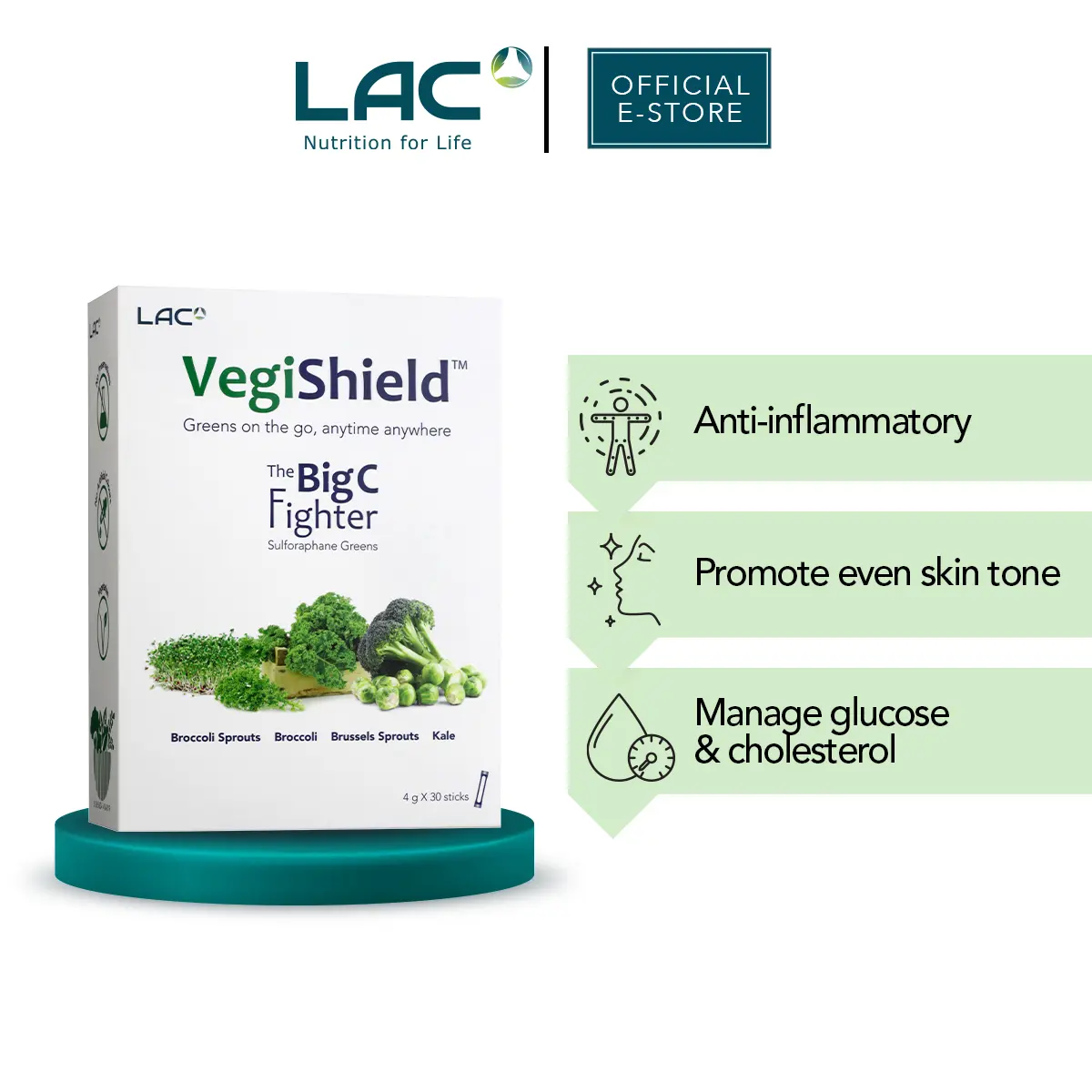 LAC Vegishield (30 powder sticks) - edible greens cruciferous veggie antioxidants anti-inflammatory optimum cell immunity booster powder healthcare dietary supplement