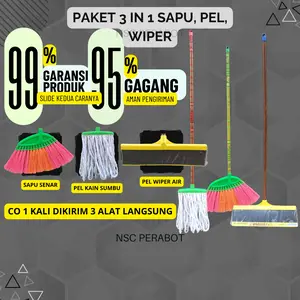 PAKET SAPU 3 IN 1 SAPU SENAR PEL & WIPER @3 ALAT BERSIH PLUS GAGANG PLASTIK serat nilon dengan gagang Lantai