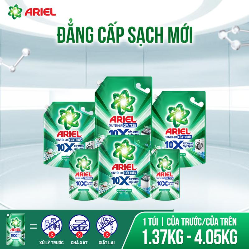 Nước giặt siêu sạch Ariel 10X đậm đặc hương Downy nắng sớm thơm lâu cửa trên/cửa trước 1.37kg - 4.05kg