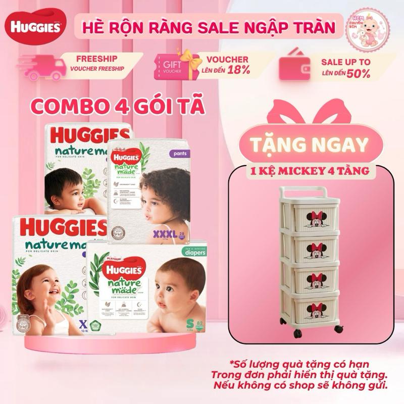 Combo 4 Tã Dán/ Quần Huggies Nature Made Size M58/L44/ XL38/XXL26