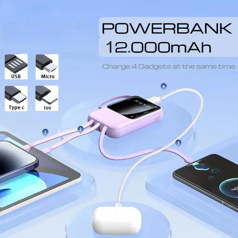[CID] Powerbank 12000 mAh Mini With 4 USB Cable Fast Charging Lightweight Universal Powerbank LED Display 7