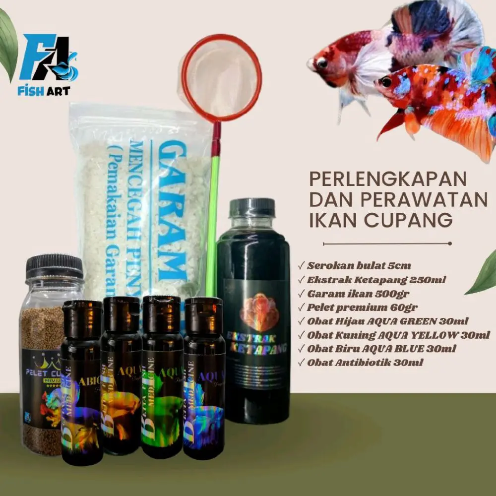 PAKET LENGKAP PERAWATAN IKAN CUPANG | PAKET LENGKAP PERAWATAN IKAN HIAS | OBAT HIJAU 30ml | OBAT YELLOW 30ml | OBAT BIRU 30ml | OBAT ANTIBIOTIK 30ml | PELET PREMIUM 60gr | EKSTRAK KETAPANG 250ml | SALT WHITE 500g | SEROKAN BULAT 5cm