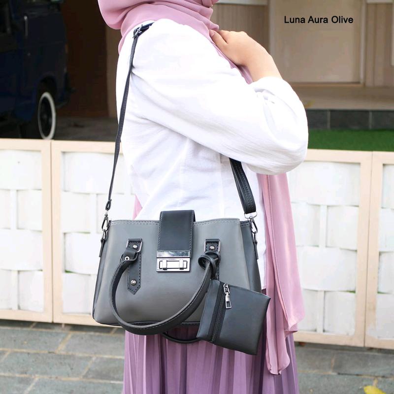 Tas Selempang Jinjing Wanita Olive 3 Ruang Polos Free Dompet Koin Luna Aura 6