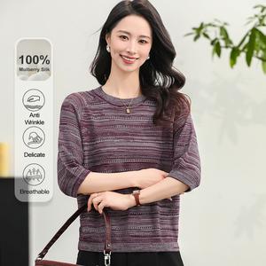 MuMeng [100% Mulberry Silk] Striped Knit Women's Half Sleeve Pullover Top Soft Lightweight Crew Neck Sweater for Casual Daily Wear Anti Wrinkle Delicate Breathable5503