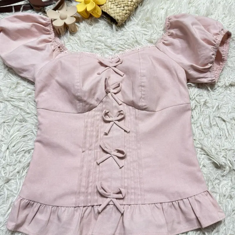 Áo Nữ Viền Ren Phối Nơ LiNen Women QC14