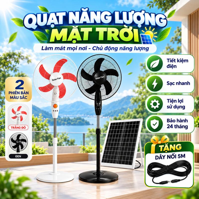(NEW 2026) Quạt Năng Lượng Mặt Trời Cao Cấp - Nhựa Cao Cấp, Động Cơ Chổi Than, Sạc Pin Mặt Trời & Cục Sạc Tiện Lợi, 5 Cánh, 3 Mức Gió, Bảo Hành 24 Tháng