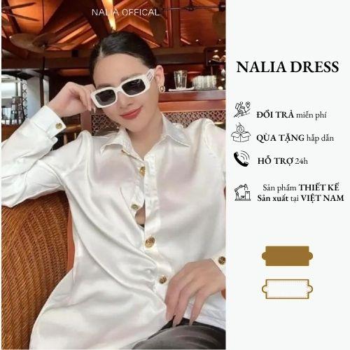 NALIA LAURA [ kèm quà ] - Áo sơ mi lụa vân cao cấp 2 màu den trắng phối 12 cúc to nhỏ, form rộng giấu quần, có đệm cầu vai Nữ Women sản phẩm Top