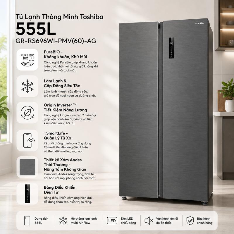 Tủ lạnh Toshiba Inverter 555 lít Side By Side GR-RS696WI-PMV(60)-AG - Cấp đông siêu tốc - BH 24 tháng