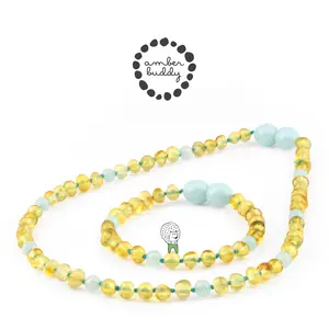 Amber Buddy | LE574 Kalung dan Gelang Bayi Baltic Amber Kombinasi Sky Blue Jade. 32cm & 14cm