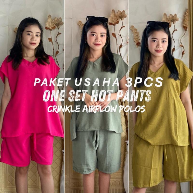 HARGA SPECIAL 3PCS ONE SET SETELAN BAJU WANITA / HOTPANS BAHAN CRINKLE AIRFLOW / CELANA PENDEK WANITA / BAJU TIDUR LENGAN PENDEK LD 120 0