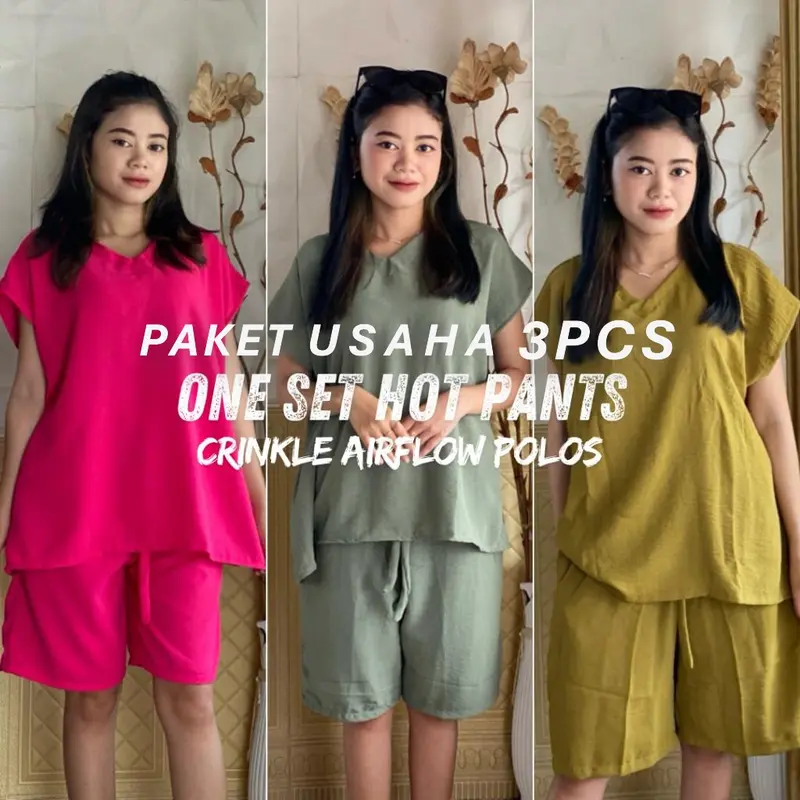 HARGA SPECIAL 3PCS ONE SET SETELAN BAJU WANITA / HOTPANS BAHAN CRINKLE AIRFLOW / CELANA PENDEK WANITA / BAJU TIDUR LENGAN PENDEK LD 120 0