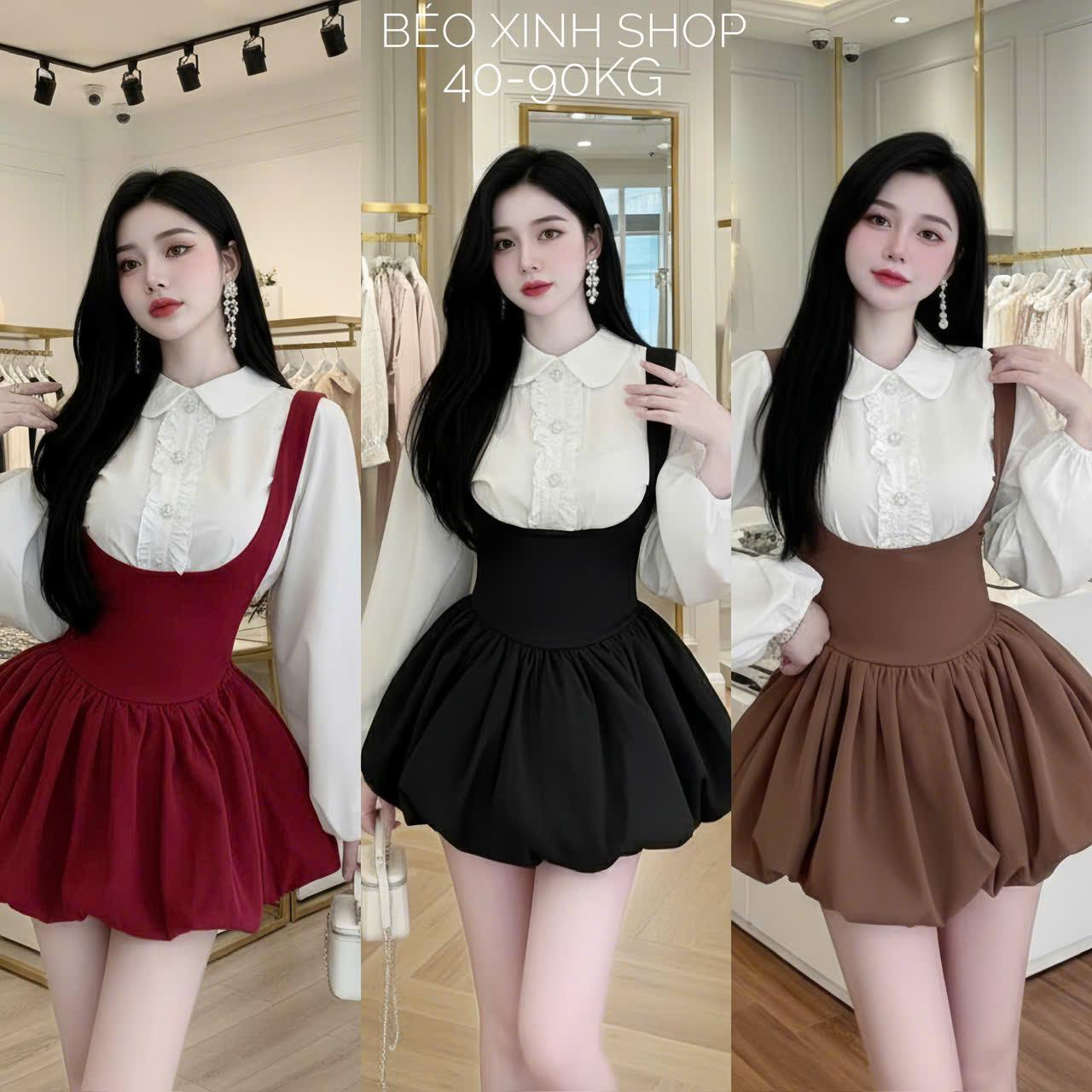 Set Váy 2 Món (Yếm + Áo Sơ Mi) Tiểu Thư Dự Tiệc Dáng Ngắn Thanh Lịch Vải Cotton Lạnh Cao Cấp Cho Các Nàng Bigsize 40–90kg Thời Trang Nữ Béo Xinh Shop - A.1721