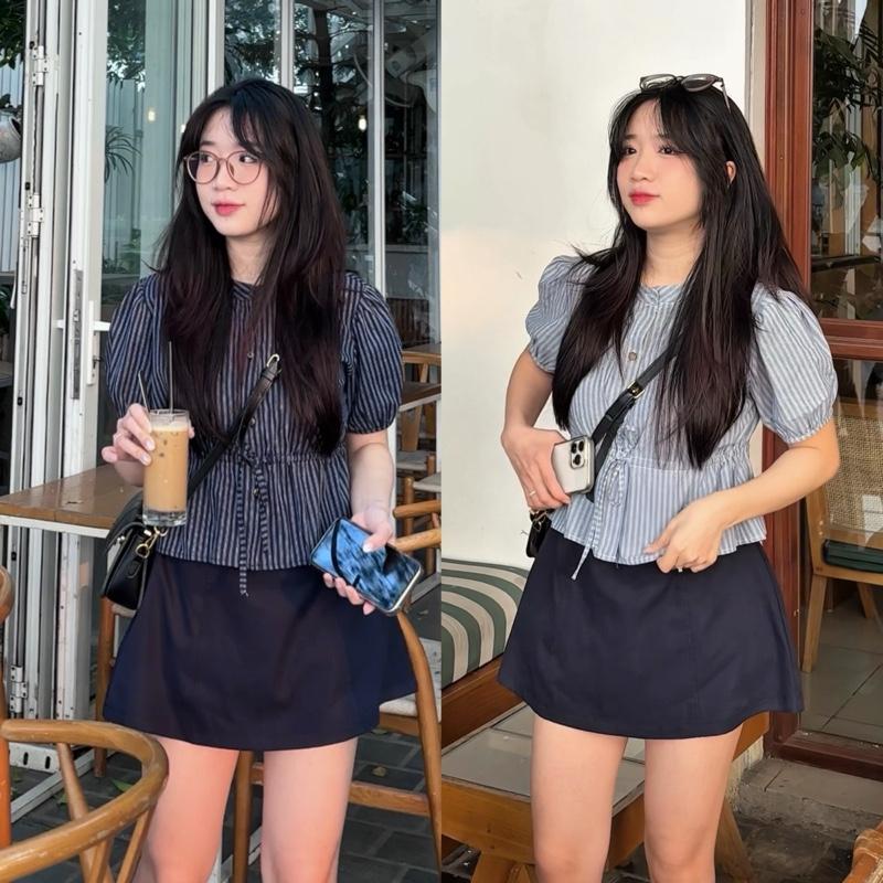 Áo kẻ dáng ngắn buộc eo babydoll Bazic onee