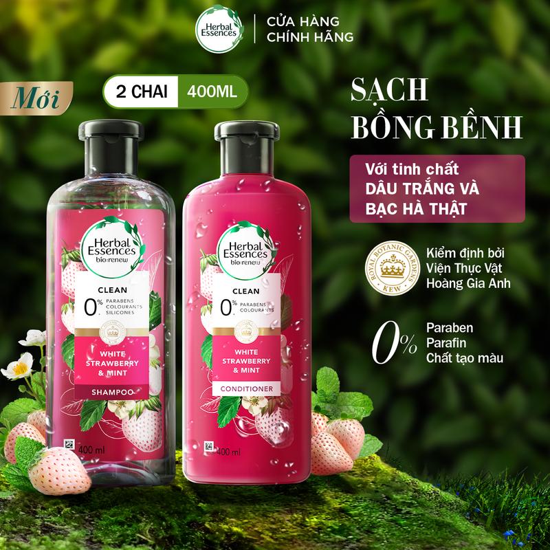 [Mua 1 Tặng 1] Dầu Gội Tặng Dầu Xả Herbal Essences 400ml – Tóc Sạch Bồng Bềnh, Hương Dâu Trắng & Bạc Hà Thật