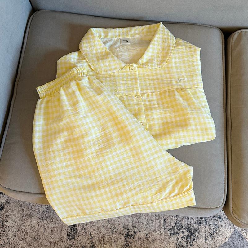  Set đồ bộ ngủ bộ ngủ mùa hè hoạ tiết caro form rộng chất đũi Hàn mịn - Jemcloset - MOPI - 8196 