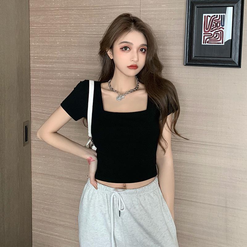 Uniqueestore BJ1557 Baju Atasan Kaos Crop Top Polos Kerah Persegi Spandek FashionKorea Wanita Lengan Pendek Santai Cewek dalam Tshirt Dewasa Oblong Basic Simple Tee