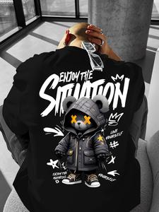 メンズ ルーズフィット 熊プリントTシャツ、グラフィティスタイル カジュアル 半袖、都市ヒップホップ メンズトップス、オールシーズン ストリートウェア