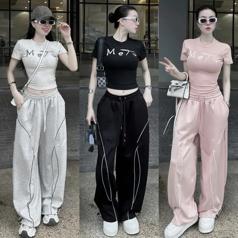 Sét Bộ Xuông Chữ Meto Áo Bozip Quần Mì Hàn Áo Ôm Body Quần Form Thụng Xuông - Bộ Hè Nữ
