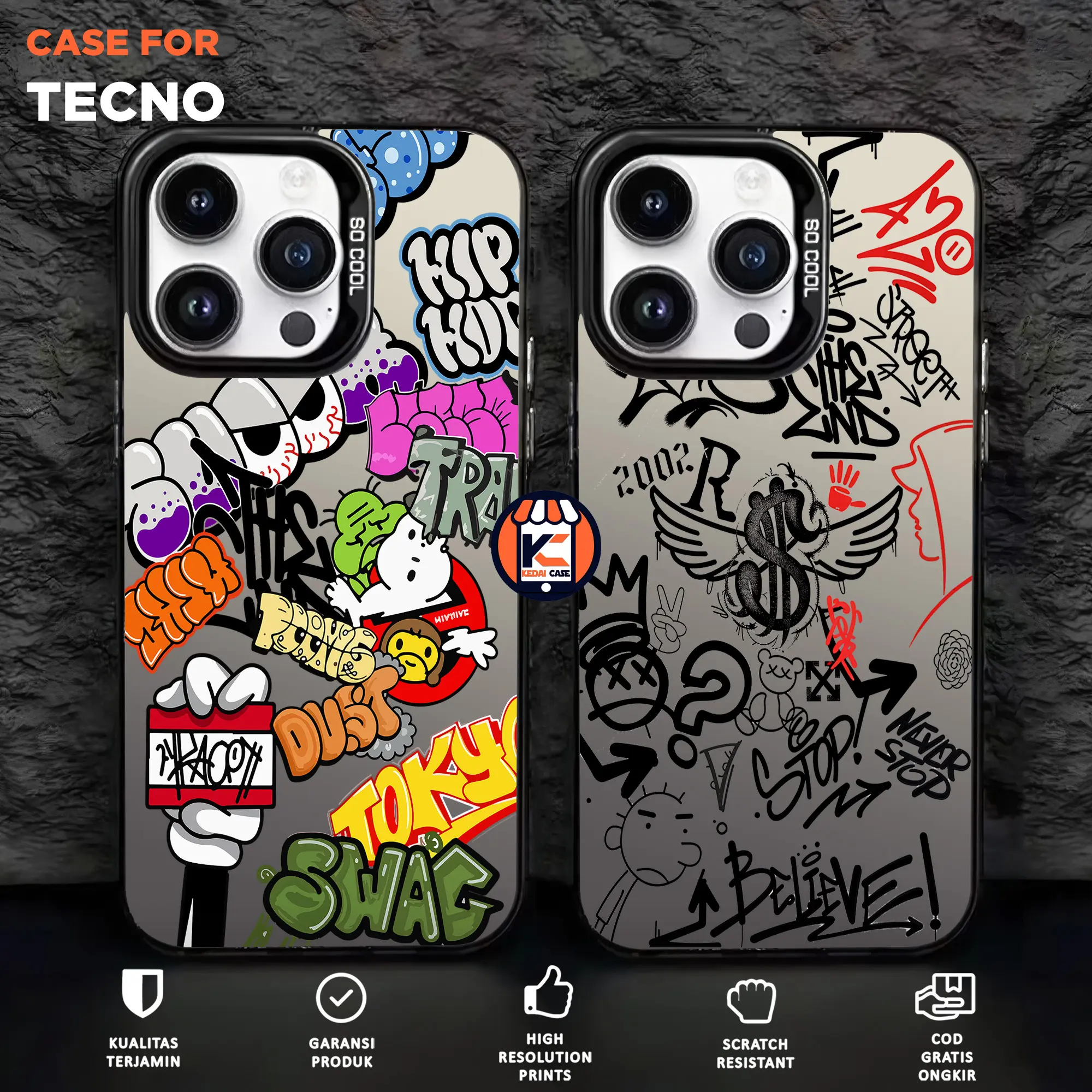 CASE TECNO SO COOL HOLOGRAM PREMIUM MATTE - Motif Graffiti 1 - Softcase HYBRID IMD PLATE HOLOGRAM Cowo - Casing Glossy Hardcase Ponsel
