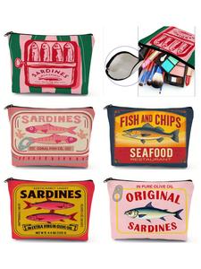 Bolsa de maquillaje con patrón de sardinas vintage, bolsa con cierre plegable y espaciosa, bolsa de aseo unisex para viaje, monedero multifuncional, regalo para amigos
